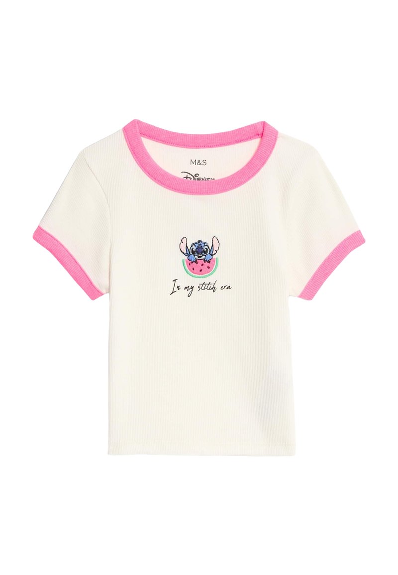 Hvid kortærmet T-shirt med pink ribbet halsudskæring og ærmer. Har en broderet Stitch-figur på et vandmelon, med tekst nedenfor.