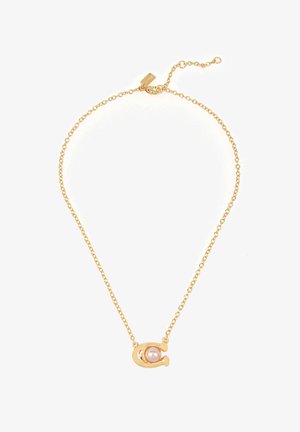 Goldkette mit einer rosa Perle und einem geschwungenen, abstrakten Anhängerdesign. Glatte Textur mit polierter Oberfläche.