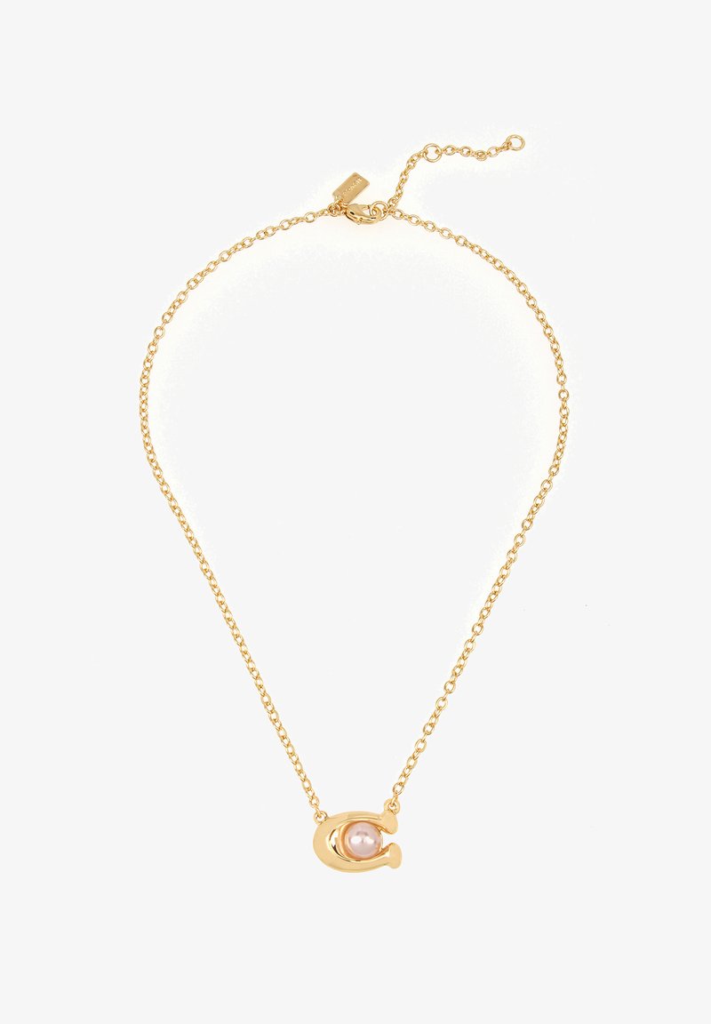 Kultaketju, jossa on vaaleanpunainen helmi ja kaareva, abstraktin muotoilun riipus. Sujuva pinta ja kiillotettu viimeistely.