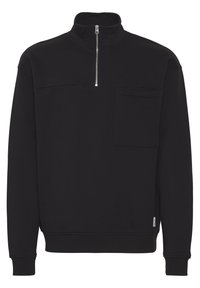 Sort sweatshirts med høj krave, kvart lynlås og brystlomme. Har ribbede manchetter og kant, glat stof uden synlige mønstre.