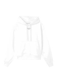 Sudadera de algodón blanca con bolsillo canguro frontal, capucha con cordones y un pequeño logo negro impreso en el pecho. Corte casual.