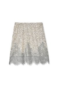 Spīdīga svārku apakšdaļa ar metālisku zelta un sudraba rakstu, apakšā pelēkas mežģīnes ar viļņotu malu. Mīksta tekstūra ar pieguļošu dizainu.