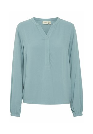 Himmelbluse mit langen Ärmeln, V-Ausschnitt, strukturierter Stoff und elastischen Bündchen, in lockerer Passform und ohne sichtbare Muster.
