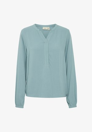 Himmelbluse mit langen Ärmeln, V-Ausschnitt, strukturierter Stoff und elastischen Bündchen, in lockerer Passform und ohne sichtbare Muster.