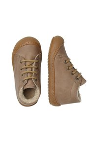 Scarpe in pelle marrone con lacci beige, foderatura morbida, suole in gomma, design della punta rotonda e puntale testurizzato. Adatte per neonati o bambini piccoli.