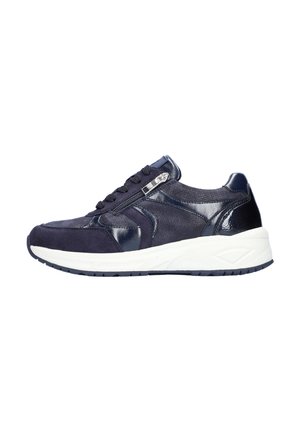 Navy blue sneaker with a combination of suede and patent leather, featuring a side zipper and a thick white midsole for cushioning.