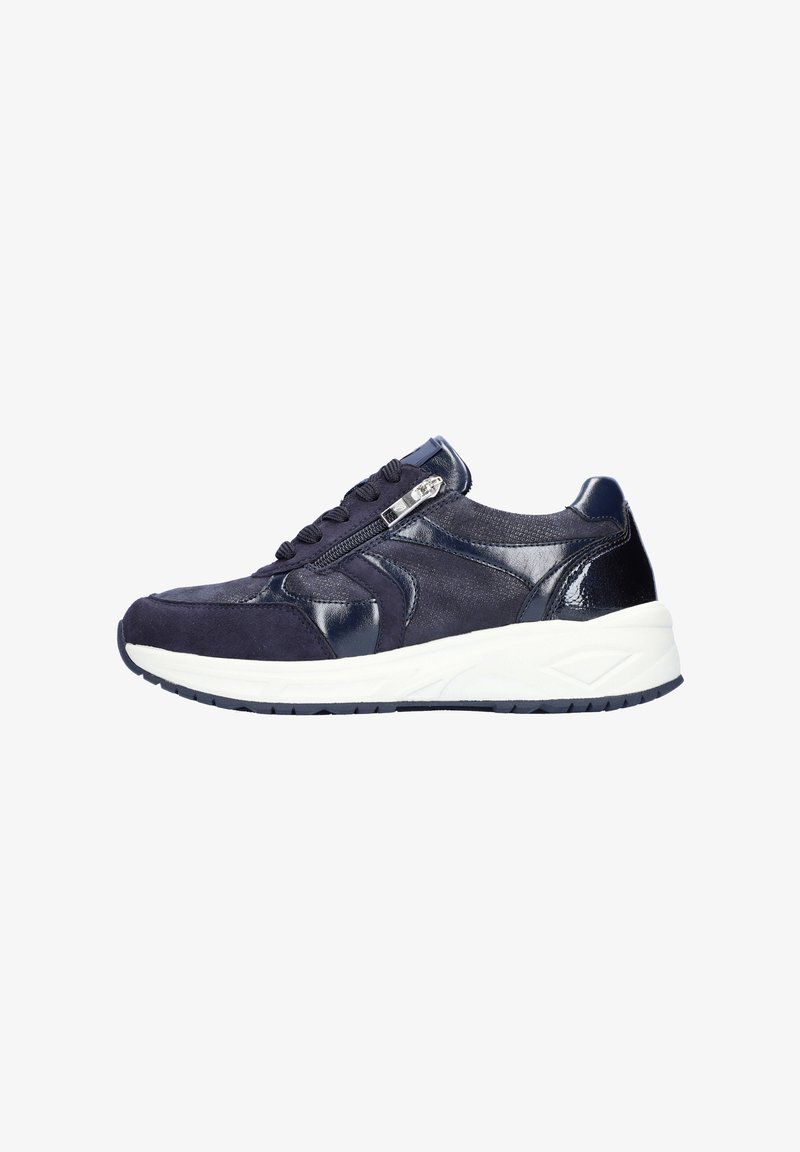 Navy blue sneaker with a combination of suede and patent leather, featuring a side zipper and a thick white midsole for cushioning.