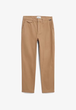 Beige chino broek gemaakt van geweven stof, voorzien van zijzakken, een vlakke taille en een rechte pijp met een nette zoom.