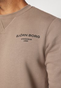 Hnědá mikina vyrobená z měkké tkaniny. Má kulatý výstřih a žebrované manžety. Černý nápis zní "BJÖRN BORG STOCKHOLM 1956."