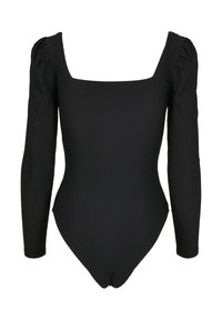 Svart ribbet bodysuit med firkantet halslinje og lange puffede ermer, laget av elastisk stoff for en tettsittende silhuett.