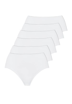 Six white seamless women's briefs stacked in a diagonal arrangement on a white background.