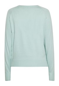 Helles mintgrünes Sweatshirt, aus weichem Strickmaterial gefertigt. Verfügt über einen Rundhalsausschnitt, lange Ärmel und eine lockere Passform. Schlichte Textur.