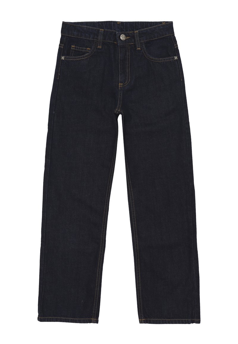 Jeans in denim blu scuro a gamba dritta con tasche frontali, passanti per cintura e chiusura con bottone in metallo.