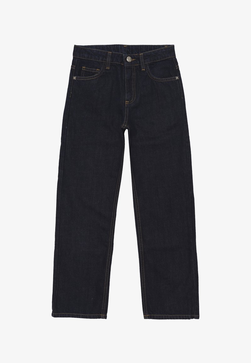 Jeans in denim blu scuro a gamba dritta con tasche frontali, passanti per cintura e chiusura con bottone in metallo.