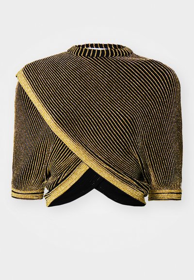 Black and gold metallic striped top with a high neck, short sleeves, and a crossover design, featuring a textured, shimmering fabric.