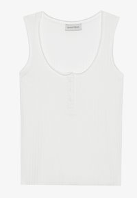White ribbed tank top with a rounded neckline and four-button placket. Made of stretchy fabric, featuring a fitted design.