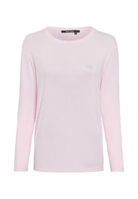 Hellrosa Langarm-T-Shirt aus weichem Stoff. Mit Rundhalsausschnitt und einem dezenten Herzlogo aus Strass auf der linken Brust.