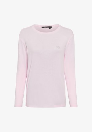 Light pink long-sleeve t-shirt made of soft fabric. Features a round neckline and a subtle heart logo in rhinestones on the left chest.