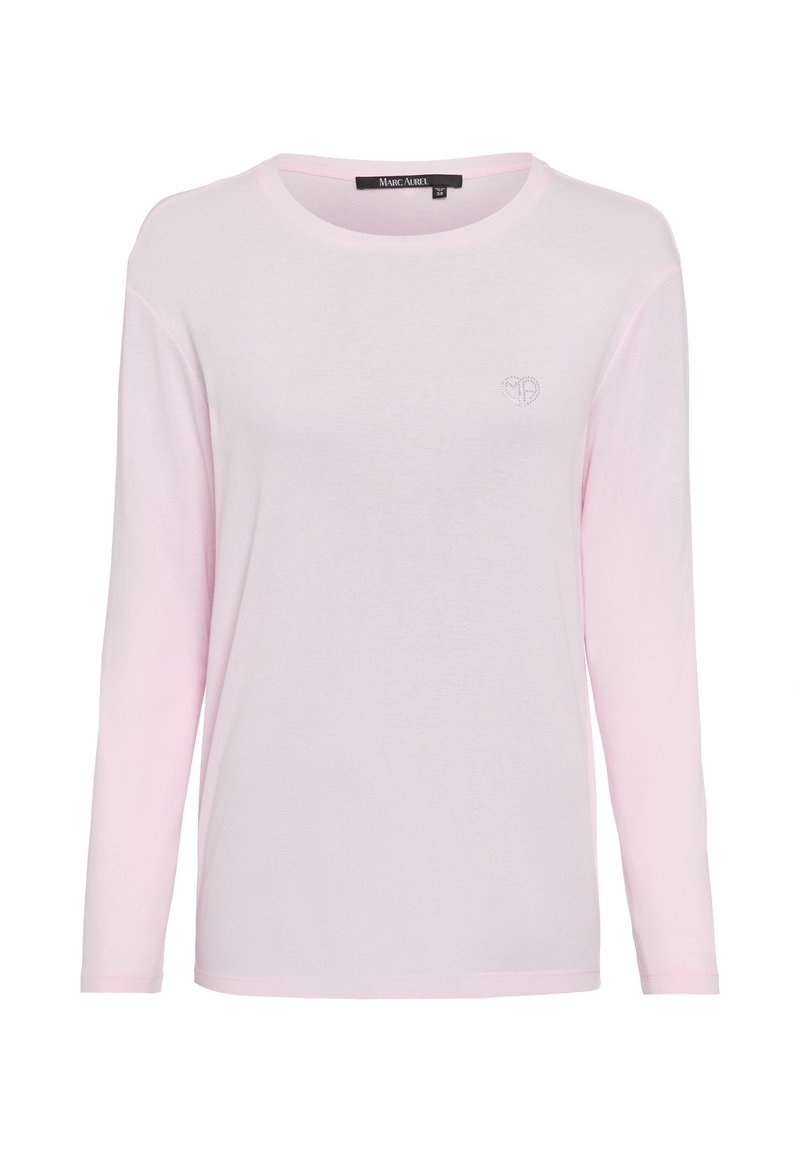 Hellrosa Langarm-T-Shirt aus weichem Stoff. Mit Rundhalsausschnitt und einem dezenten Herzlogo aus Strass auf der linken Brust.