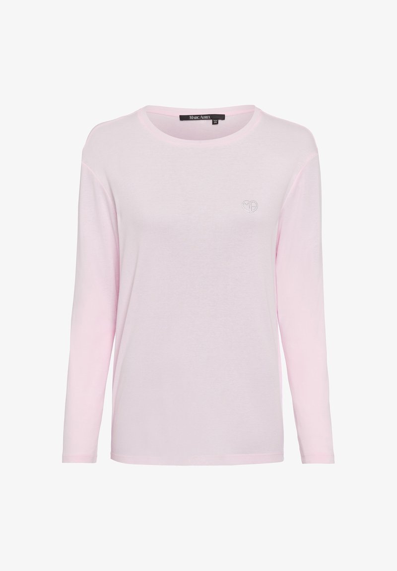 Hellrosa Langarm-T-Shirt aus weichem Stoff. Mit Rundhalsausschnitt und einem dezenten Herzlogo aus Strass auf der linken Brust.
