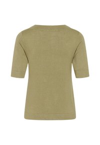 Haut en maille vert olive clair à manches courtes avec un col rond et un ourlet droit, vu de dos sur fond blanc.