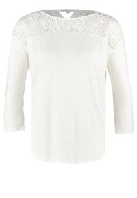 Bílý dlouhý rukáv top s texturovaným krajkovým živůtkem, kulatým výstřihem a měkkou tkaninou s volným střihem. Rovný spodní lem a volné rukávy.
