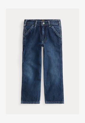 Tmavomodré džíny z denimu so striha s rovným nohavicom. Obsahujú päť vreciek, predné zapínanie na gombík a kontrastné prešitie.