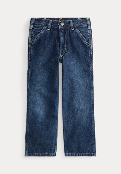 Calças de ganga azul-escuras com um design de perna reta. Apresentam cinco bolsos, um botão de fecho frontal e costura em contraste.