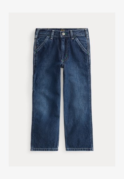 Calças de ganga azul-escuras com um design de perna reta. Apresentam cinco bolsos, um botão de fecho frontal e costura em contraste.