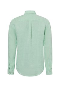 Lichtgroene langemouwen shirt gemaakt van gestructureerde stof. Heeft een gespreide kraag, knoopmanchetten en een centrale plooi aan de achterkant.