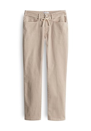 Pantaloni in cotone beige con vita regolabile tramite cordoncino, tasche anteriori e texture liscia. Presentano una chiusura a bottone e un design a gamba dritta.