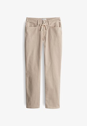 Beige katoenen broek met een elastische tailleband, voorzakken en een gladde textuur. Voorzien van een knoopsluiting en een rechte pasvorm.