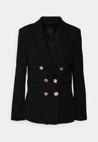 Blazer nero doppiopetto con sei bottoni decorativi dorati e spalle strutturate, esposto su uno sfondo semplice.