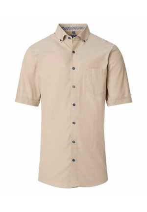Beige Kurzarmhemd mit umlegbarem Kragen, blauen Knöpfen, einer Brusttasche und einem karierten Muster innen am Kragen.