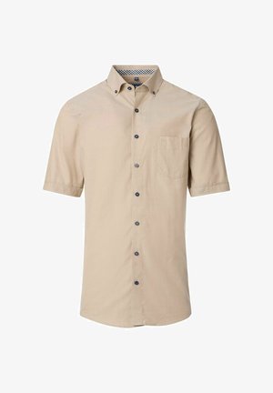 Beige Kurzarmhemd mit umlegbarem Kragen, blauen Knöpfen, einer Brusttasche und einem karierten Muster innen am Kragen.