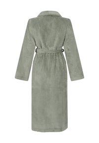 Grønn morgenkåpe med waffle-struktur, lange ermer, krage og belte i livet. Mykt stoff med subtil glans.