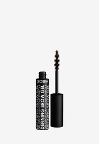 Black cylindrical brow gel tube with textured, black cap and printed white text. Brush applicator with short, tapered bristles attached.