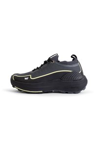 Black athletic shoe with a textured upper, reinforced toe cap, and rubber sole. Features a yellow outline and adjustable laces for fit.