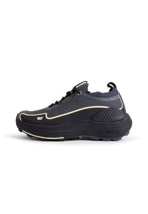 Black athletic shoe with a textured upper, reinforced toe cap, and rubber sole. Features a yellow outline and adjustable laces for fit.