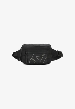 Borsa a tracolla nera con superficie testurizzata, caratterizzata da un evidente motivo geometrico bianco, tracolla regolabile e scomparti con cerniera.