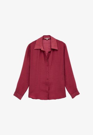 Long-sleeve red button-up blouse with wide collar, textured fabric, and cuffs, displayed flat on a white background.