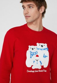 Czerwona bluza z trzema haftowanymi białymi niedźwiedziami polarnymi w niebieskich szalikach, a poniżej tekst „Pozdrowienia z Bieguna Północnego”.
