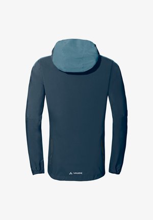 Marine windbreaker jas met een lichtblauwe capuchon, elastische manchetten en subtiele zijaccentdetails. Gladde textuur, minimalistisch ontwerp.