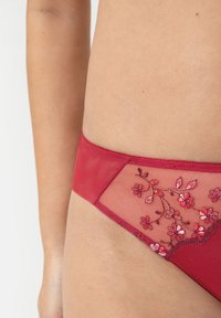Bas de bikini rouge avec des panneaux en maille, broderie florale complexe dans des nuances de rose et de bordeaux, et un tissu lisse avec un design sans couture.