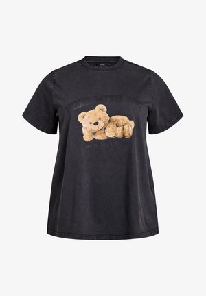 Zwarte oversized t-shirt van katoen met een cartoon teddybeerontwerp op de voorkant en de tekst "Bear with me" erboven.
