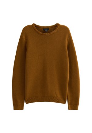 Mustard-colored knitted sweater with a round neckline, long sleeves, and ribbed cuffs and hem. Textured fabric with a relaxed fit.