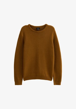 Mosterdkleurige gebreide sweater met een ronde halslijn, lange mouwen en geribde manchetten en zoom. Gestructureerde stof met een relaxte pasvorm.