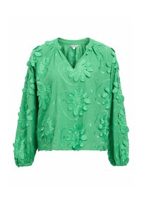 Blouse verte à manches longues avec broderie florale en 3D, col en V, poignets froncés et coupe décontractée.