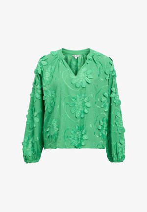 Blusa verde a maniche lunghe con ricamo floreale 3D, scollo a V, polsini arricciati e vestibilità comoda.