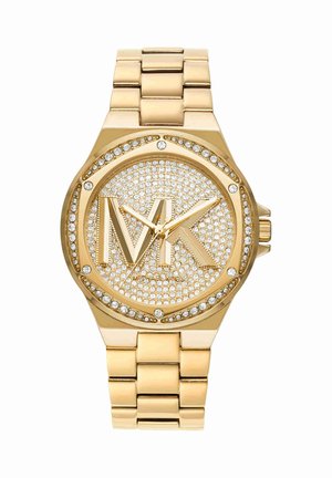 Montre Michael Kors ton or avec cadran et lunette incrustés de cristaux, grand logo "MK" et bracelet métallique à maillons.